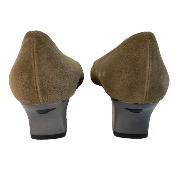 Ferragamo Green Suede Low Chunky Heel Shoes Size 7.5B  Italy 7439 Career EUC - Picture 6 of 10